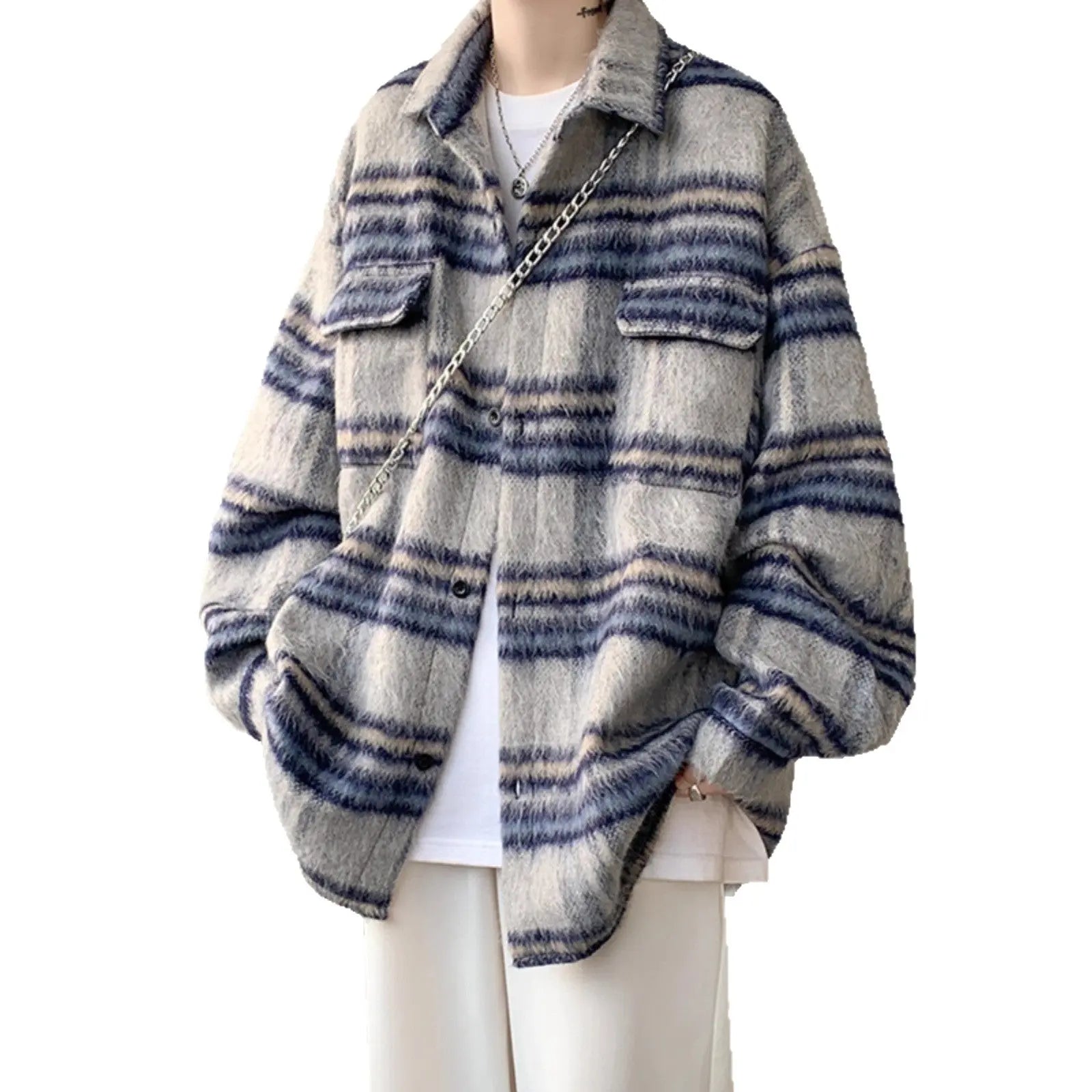 Chambray Style Plaid Woolen Coat for Men, Autumn/Winter Thickened Streetwear  Shirt Jacket Markonline