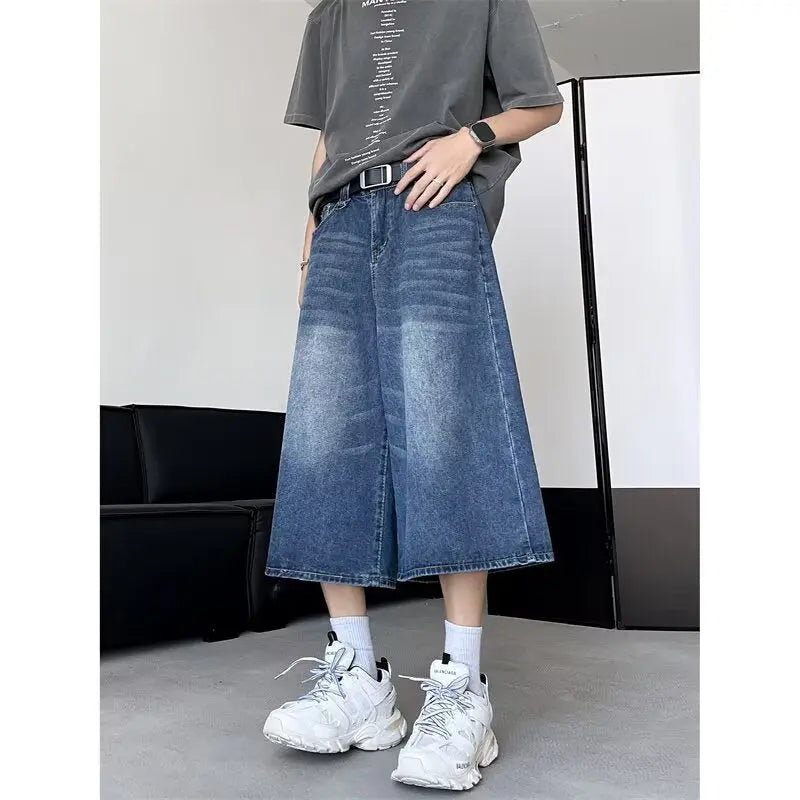 Retro washed wide leg seven quarter jeans for men Markonline