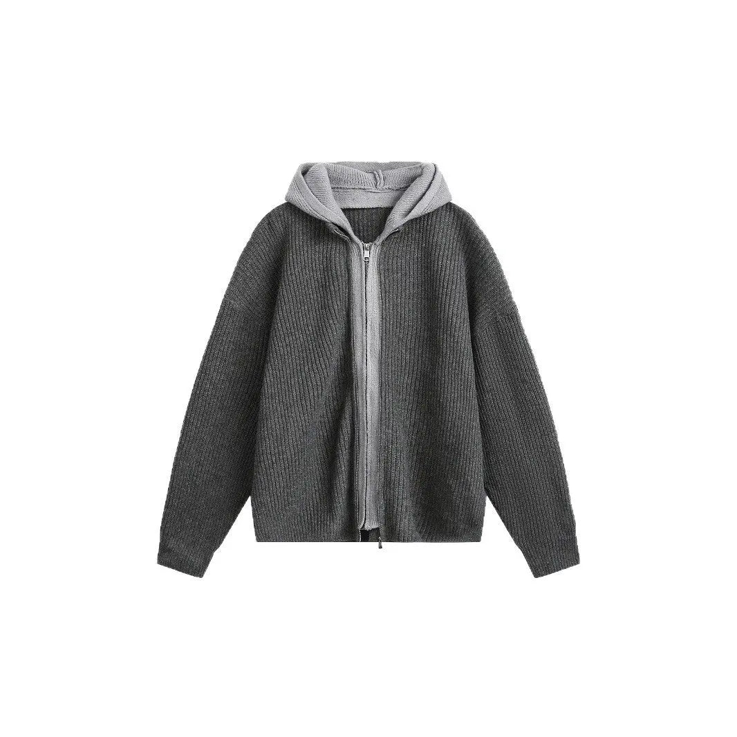 Faux Two-Piece Patchwork Open Front Hooded Knit Sweater Coat for Men and WomenAutumn Winter Loose Couple Lazy Style Sweater Markonline