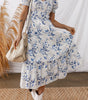Sky Blue Smocked Bodice Short Puff Sleeve Tiered Floral Midi Dress Markonline