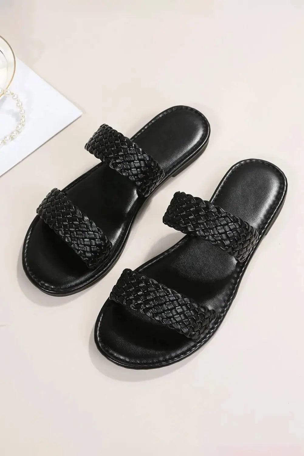 Black Braided Double Band Leathered Flat Slippers Markonline