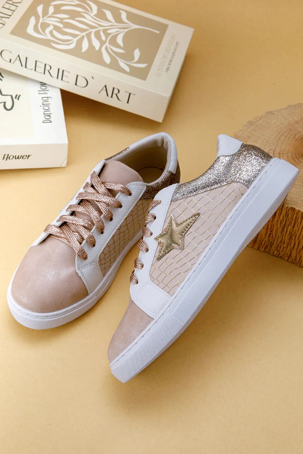 Dearlove Gold Glitter Star Patchwork PU Leather Lace-up Sneakers Markonline
