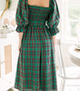Green Tartan Plaid Square Neck Puff Sleeve Knot Waist Flared Midi Dress Markonline