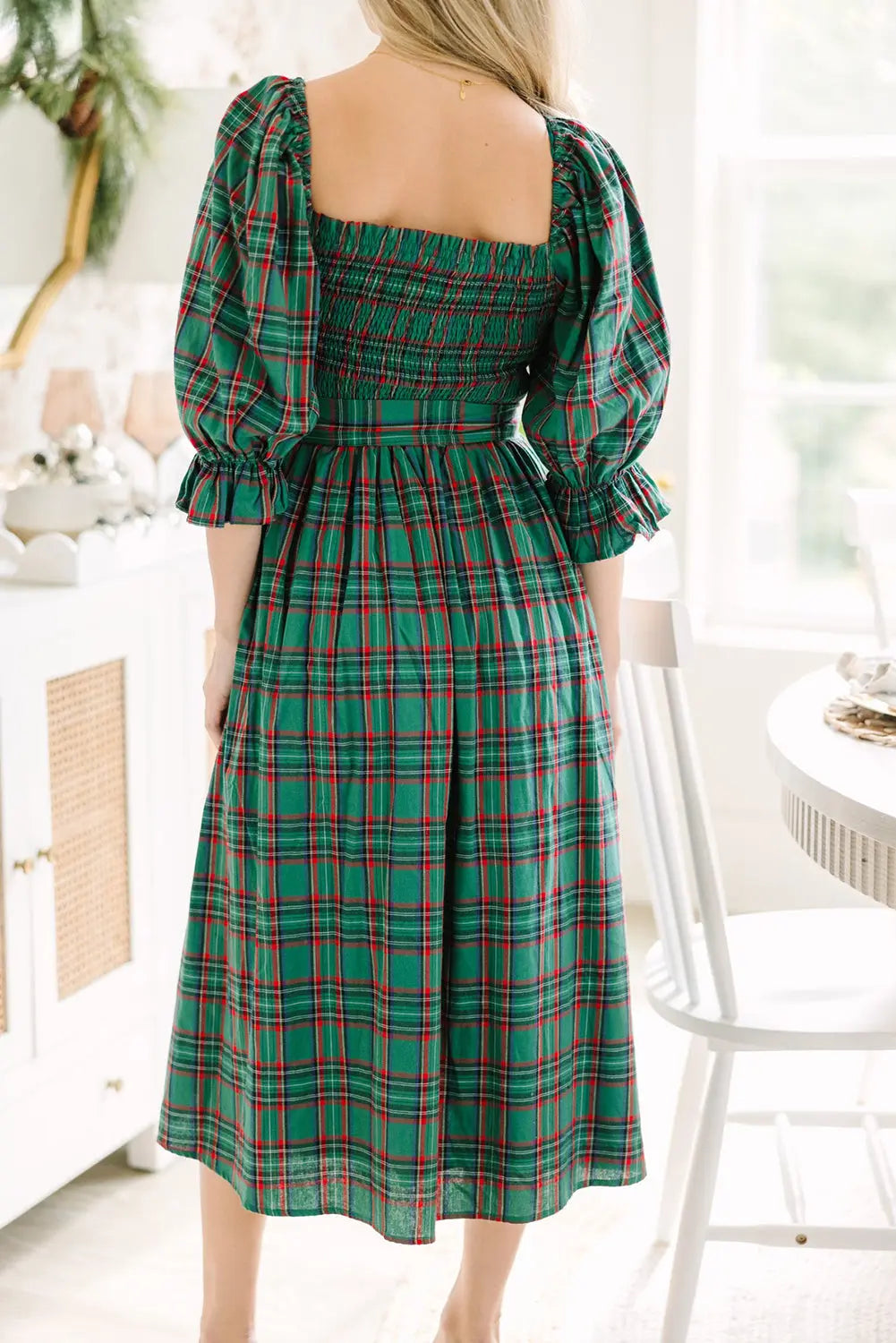 Green Tartan Plaid Square Neck Puff Sleeve Knot Waist Flared Midi Dress Markonline
