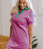 Pink Stripe Collared V Neck Puff Sleeve T Shirt Dress Markonline