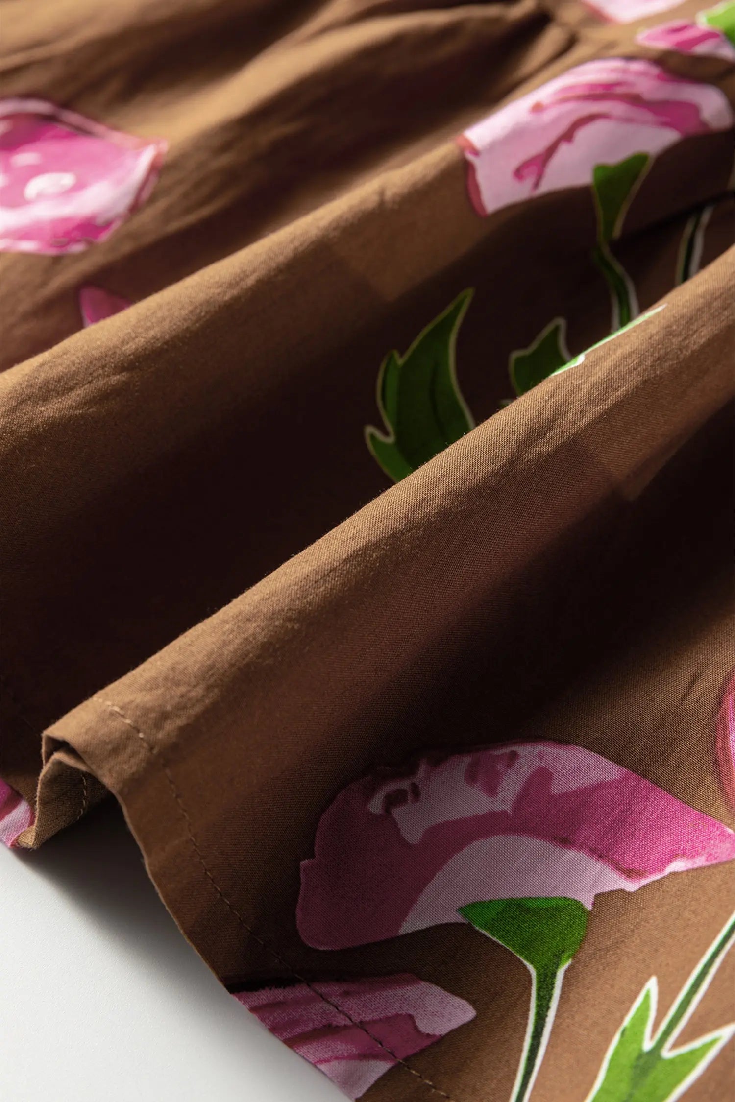 Brown Contrast Floral Print Babydoll Tunic Ruffled Hem Puff Sleeve Dress Markonline