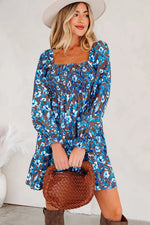 Blue Smocked Bodice High Waist Ruffled Sleeve Floral Dress Markonline