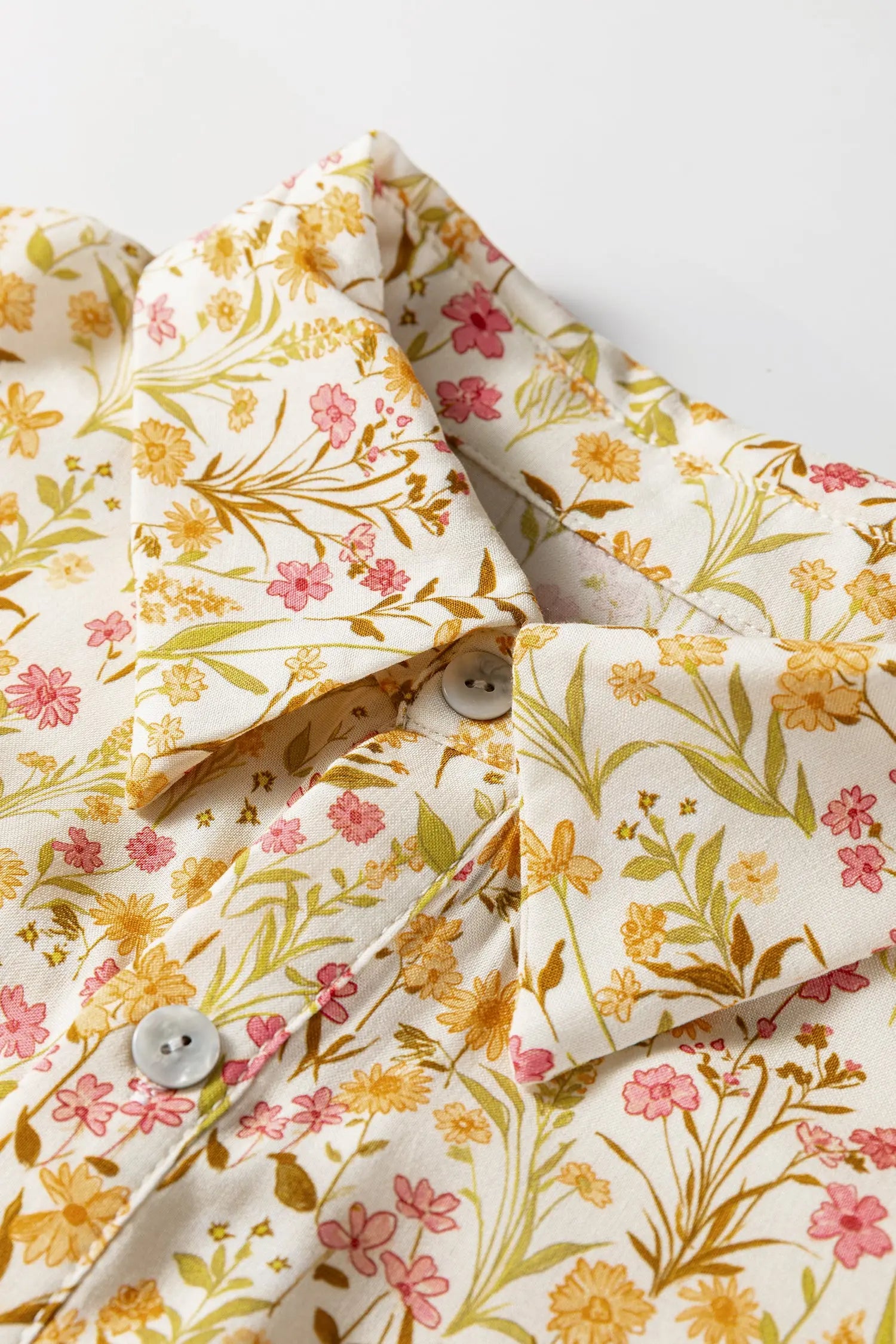 Yellow Floral Print Frilly Trim Smocked Cuff Long Sleeve Loose Shirt Dress Markonline