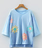 Light Blue Flower Patched Exposed Seam Bracelet Sleeve Oversized T Shirt Dear-Lover Dropshipping