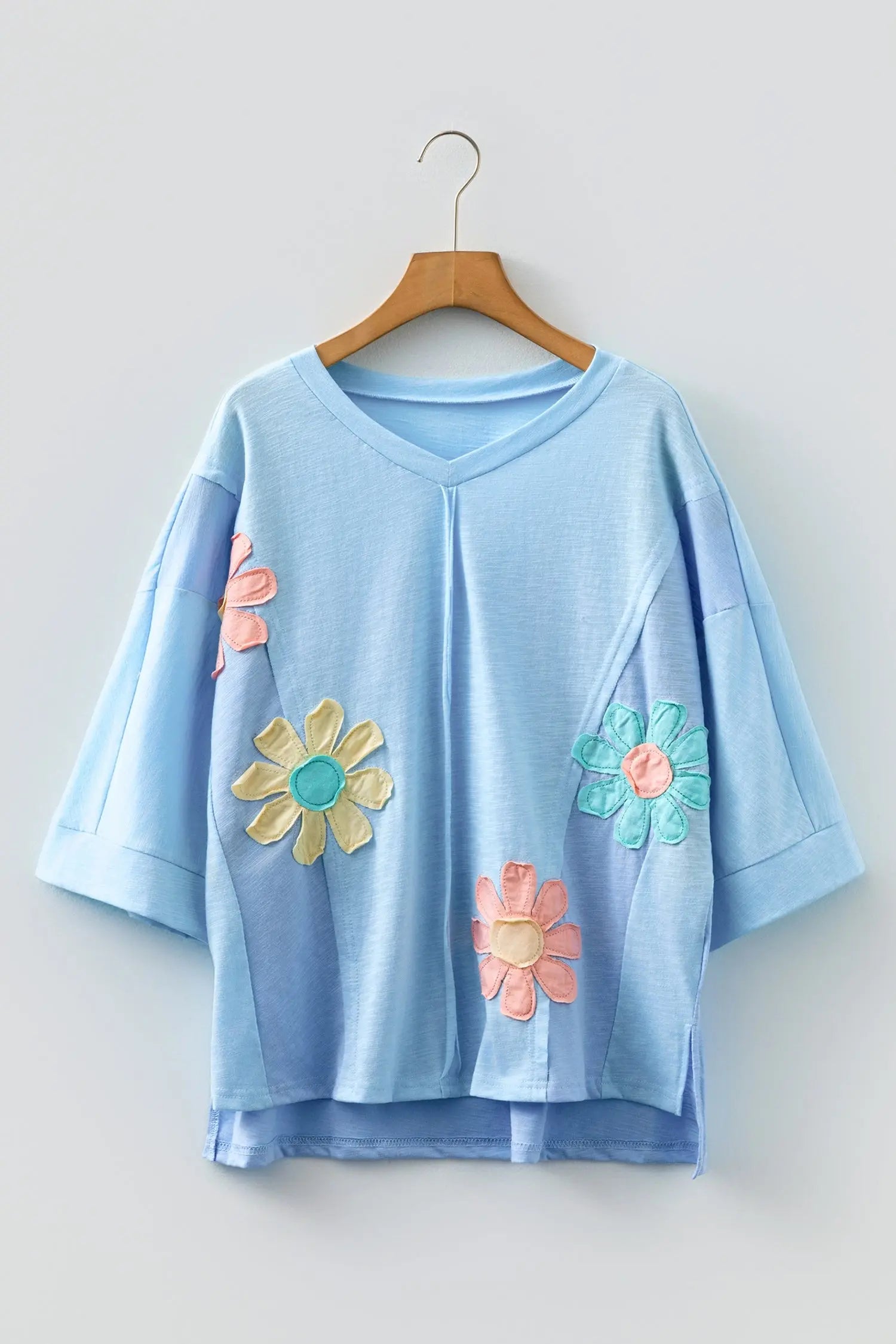 Light Blue Flower Patched Exposed Seam Bracelet Sleeve Oversized T Shirt Dear-Lover Dropshipping