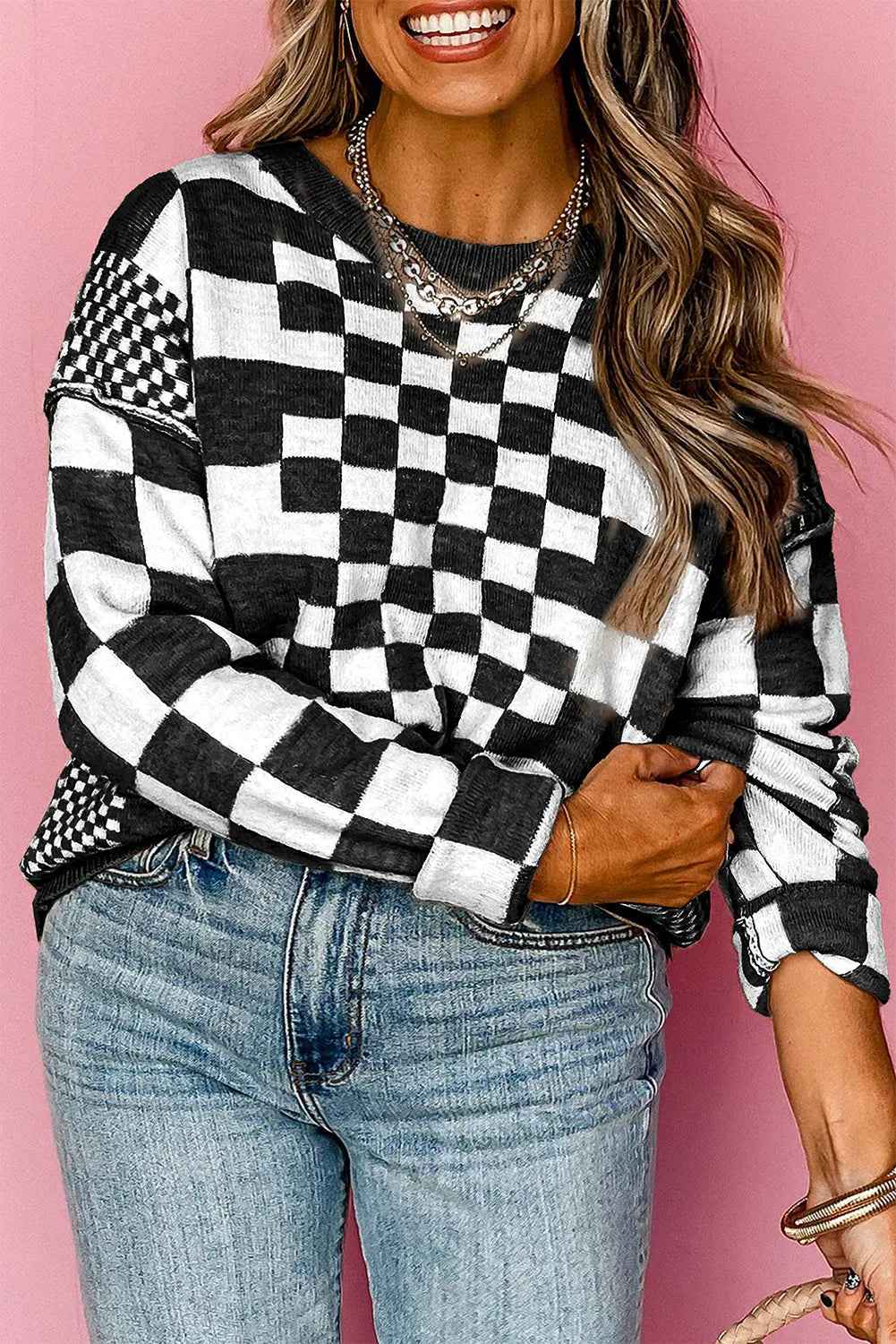 Black Checkered Print Drop Shoulder Round Neck Sweater Dear-Lover Dropshipping