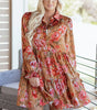 Brown Vintage Floral Print Shirt Style Half Button Long Sleeve Ruffle Mini Dress Markonline