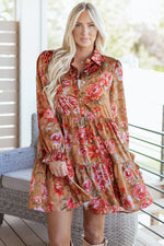 Brown Vintage Floral Print Shirt Style Half Button Long Sleeve Ruffle Mini Dress Markonline