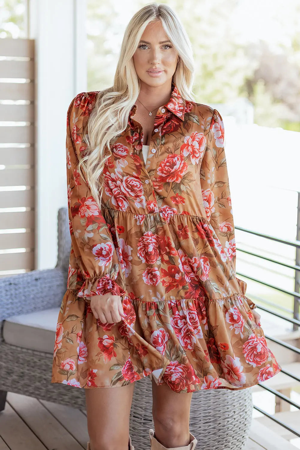 Brown Vintage Floral Print Shirt Style Half Button Long Sleeve Ruffle Mini Dress Markonline