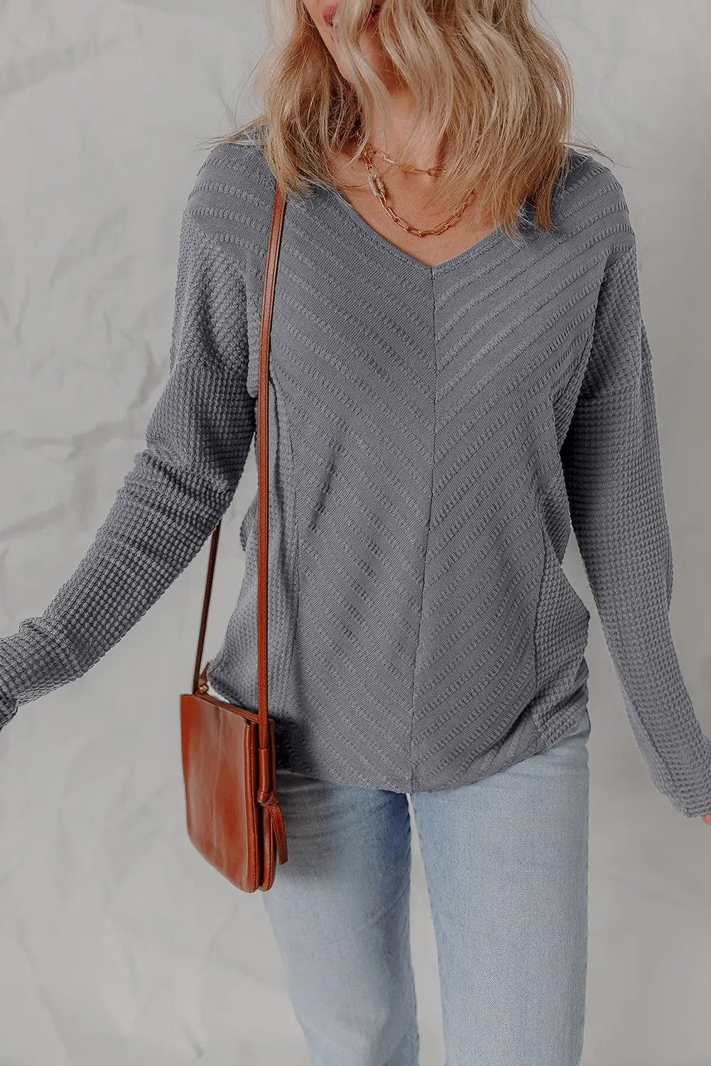 Sleet V Neck Chevron Texture Patchwork Long Sleeve Knit Top Dear-Lover Dropshipping