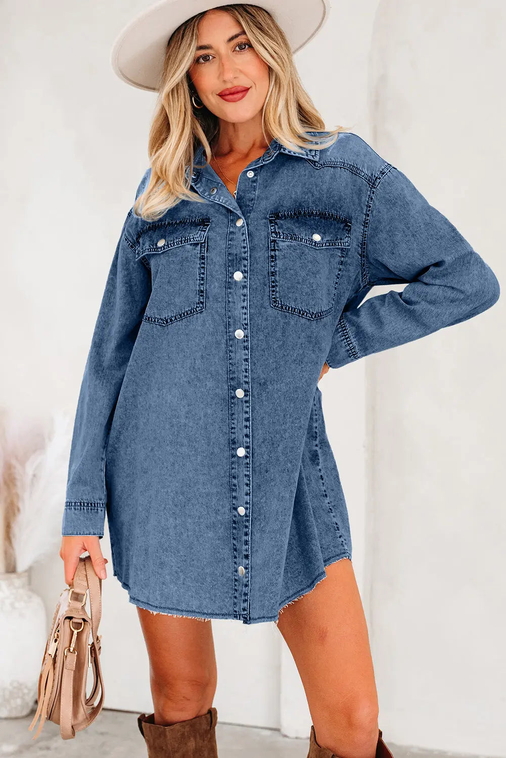 Blue Beau Chest Pocket Raw Hem Denim Loose Shirt Dress Markonline