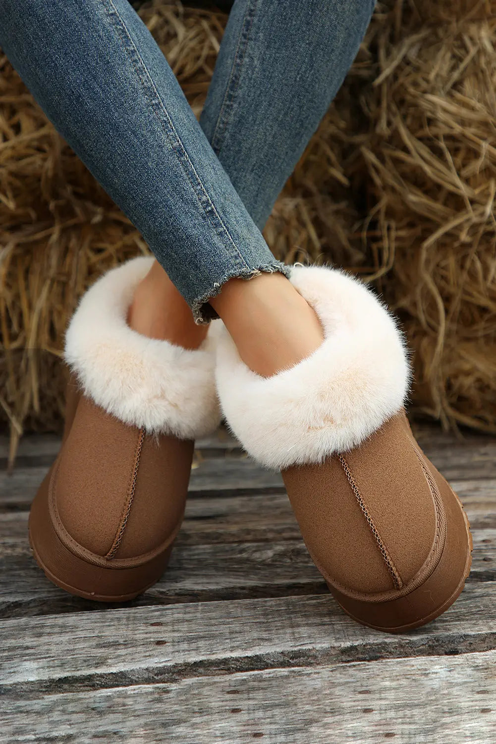 Chestnut Plush Suede Trim Thick Sole Flat Snow Boots Dear-Lover Dropshipping