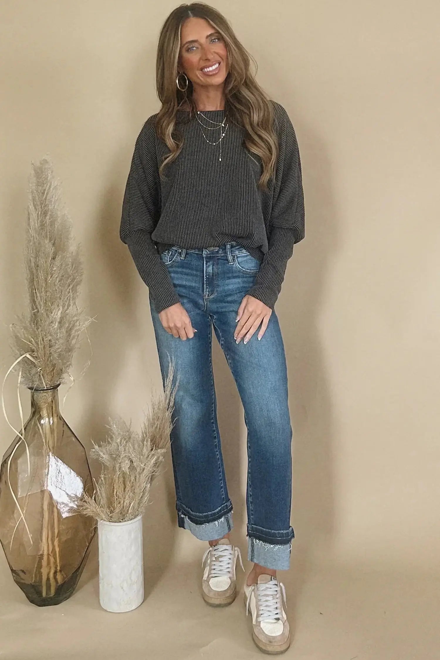 Carbon Grey Twisted Ribbed Dolman Long Sleeve Top Dear-Lover Dropshipping