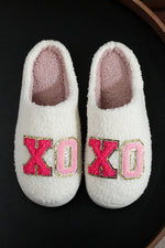 White XO XO Glitter Trim Letter Patched Plush House Slippers Dear-Lover Dropshipping
