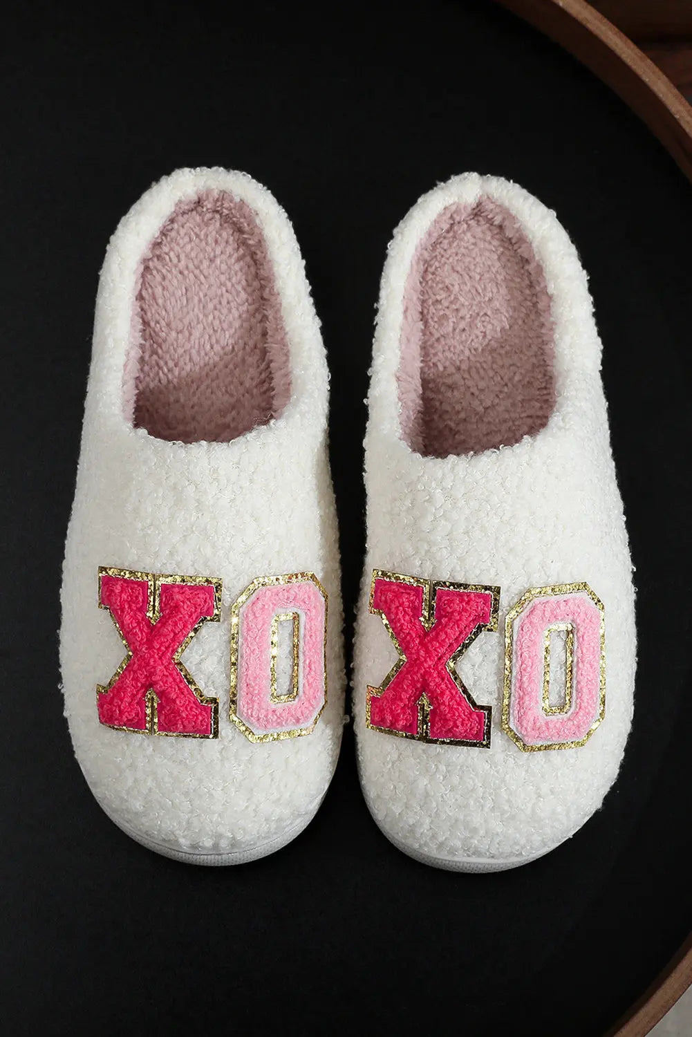 White XO XO Glitter Trim Letter Patched Plush House Slippers