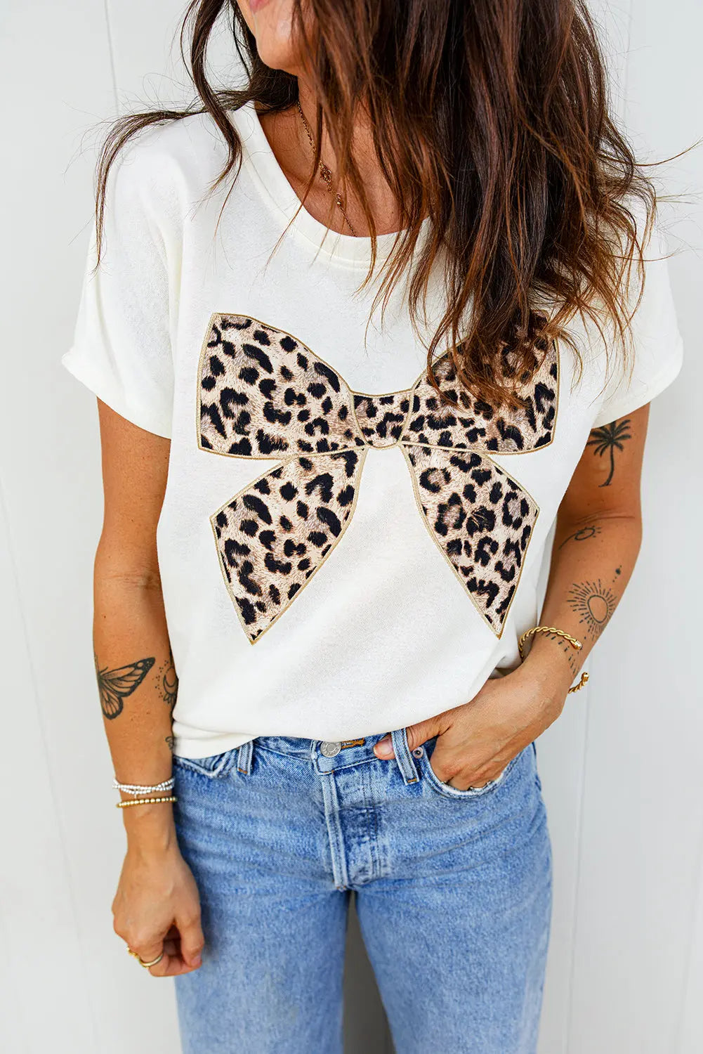 White Leopard Bow Embroidered Cotton Round Neck T Shirt Markonline