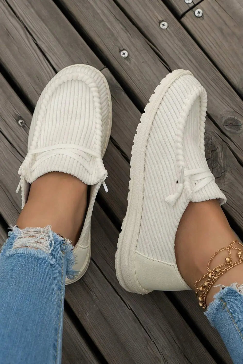 White Solid Ribbed Criss Cross Slip On Casual Shoes Markonline