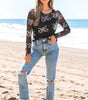 Black Round Neck Bow Print Long Sleeve Mesh Top Markonline