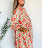 Red Floral Print Ricrac Trim V Neck 3/4 Sleeve Loose Mini Dress Markonline
