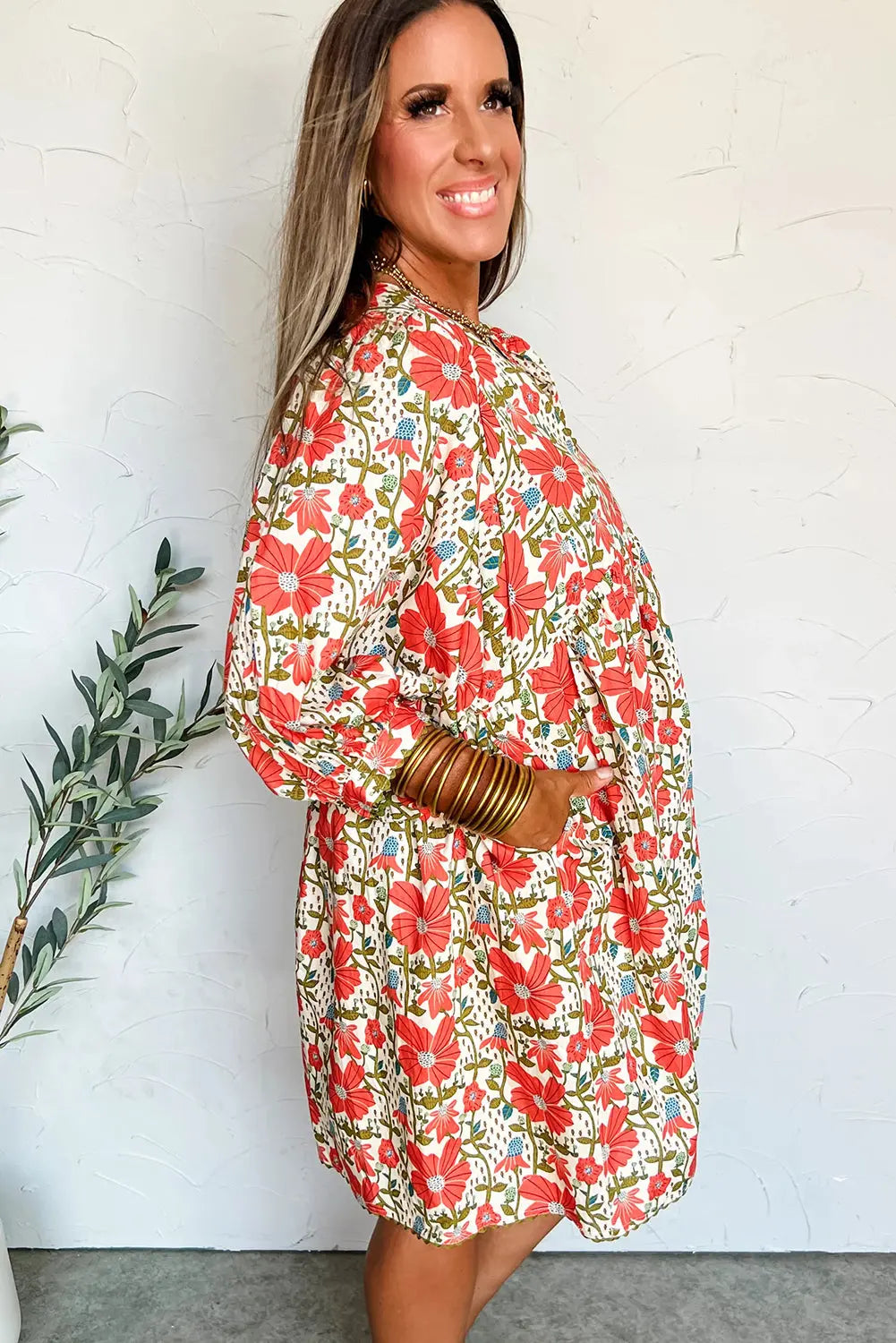 Red Floral Print Ricrac Trim V Neck 3/4 Sleeve Loose Mini Dress Markonline