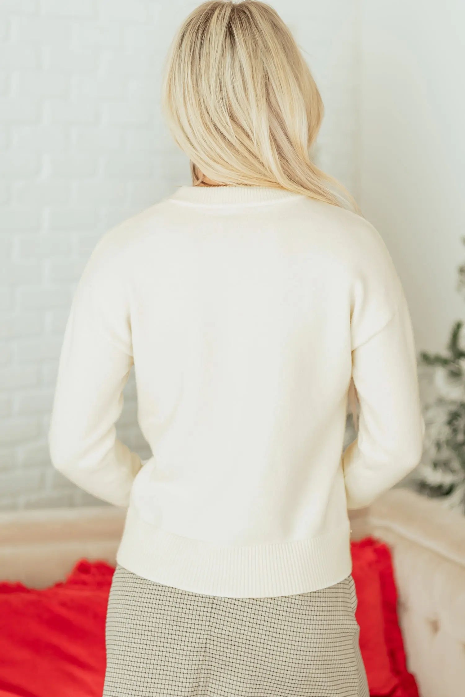 White Sequined Bow Graphic Christmas Holiday Sweater Dear-Lover Dropshipping