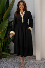 Black Contrast Leopard Frilled Trim V Neck Bracelet Sleeve Midi Dress Markonline