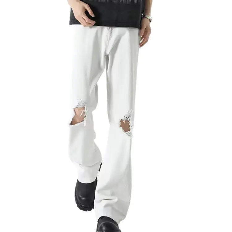 Micro flared knee hole denim pants for men