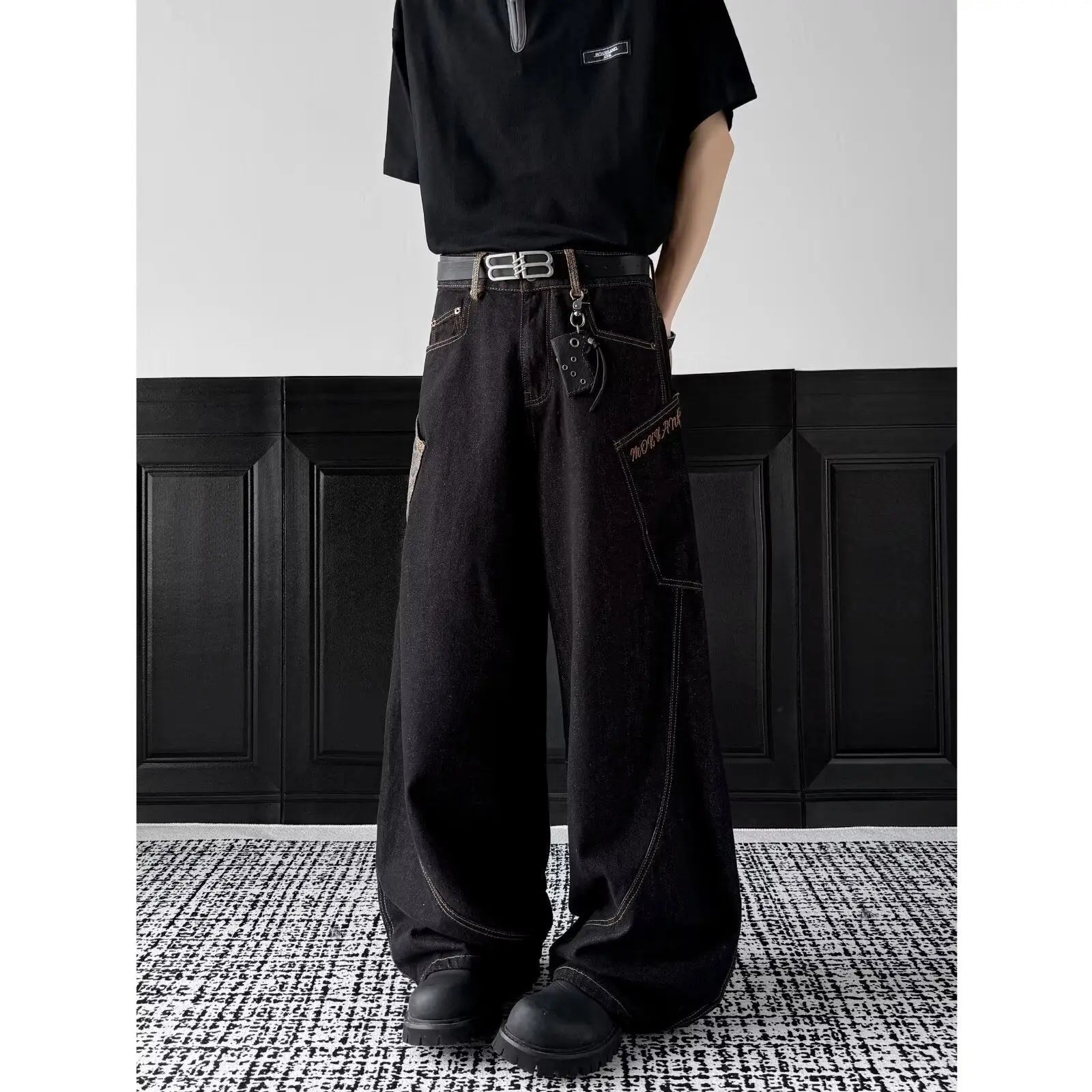 Checkered splicing curved knife jeans for men and women Markonline