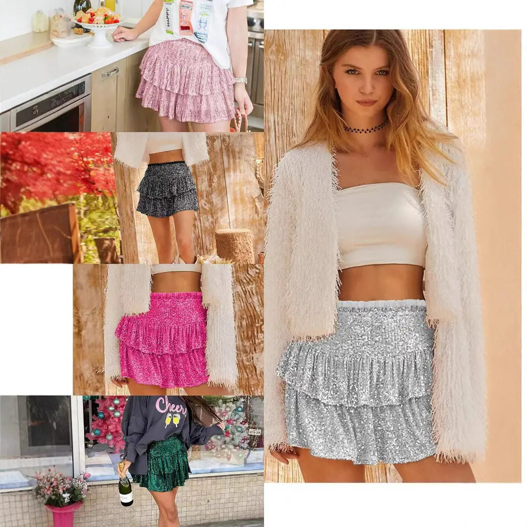 Sexy Beaded Skirt with Sequins and Pleats - Pure Color Short Skirt for Women Markonline
