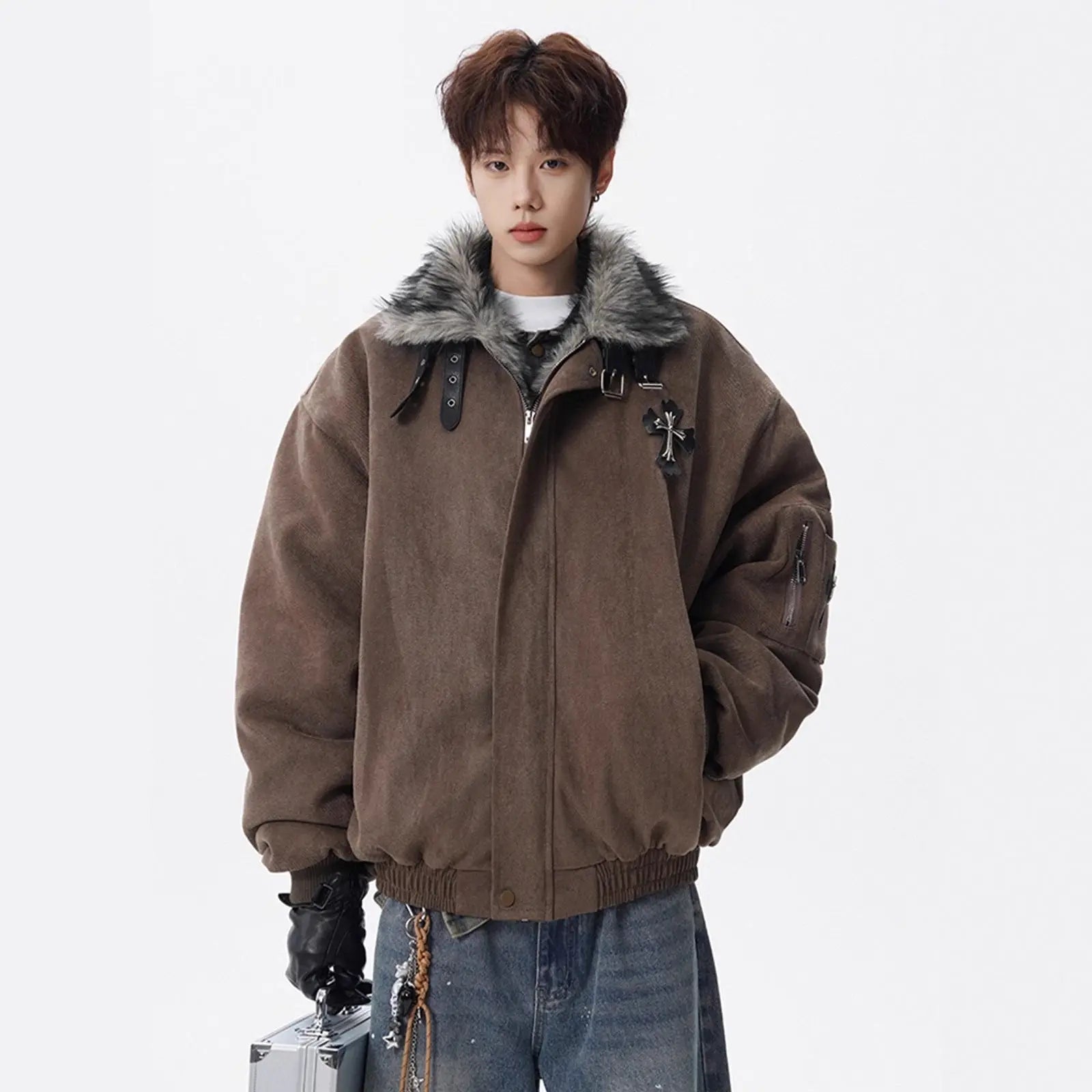 Cross Mountain Eagle Fur-Collar Cotton Coat for Men, Winter Fleece-Lined Thick Warm Cotton Jacket, High-End Style