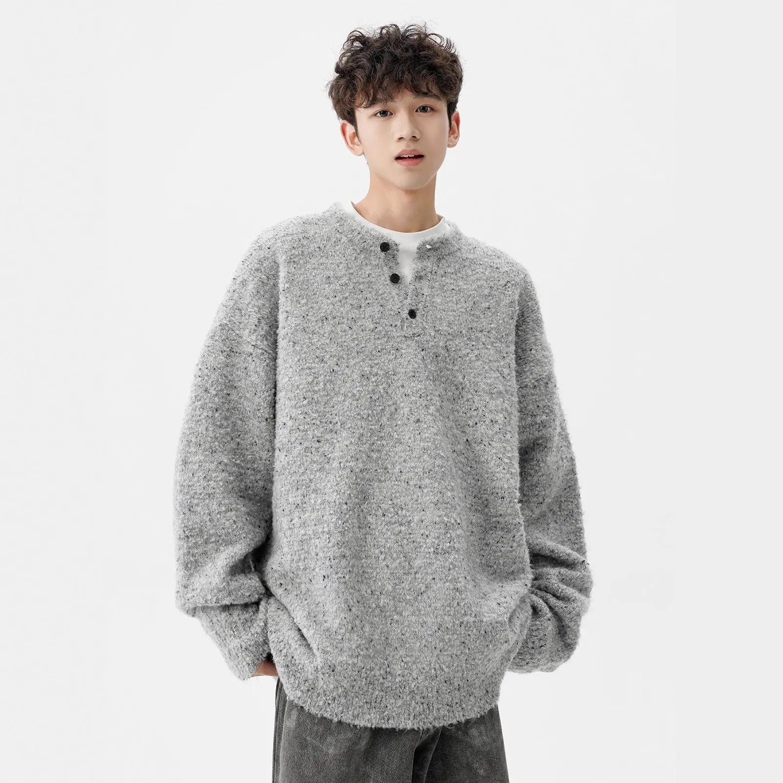 Heavyweight Henley Neck Sweater for Men, Autumn Winter New Thick Wool Knitwear, Loose Warm Pullover Knit Sweater