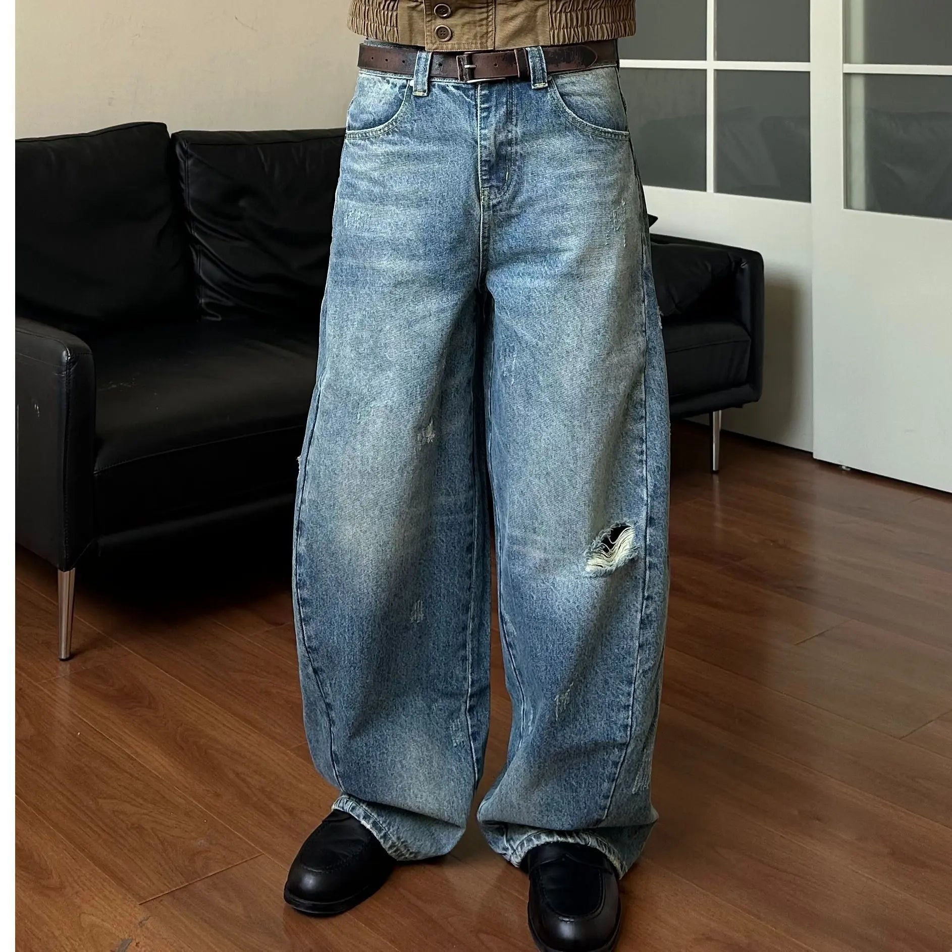 Dad Hole Loose Tapered Wide Leg Jeans for Men and Women Markonline