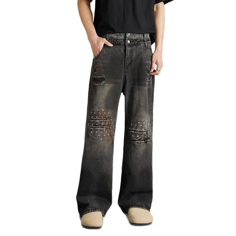 Vintage niche ripped straight leg washed denim jeans for men and women Markonline