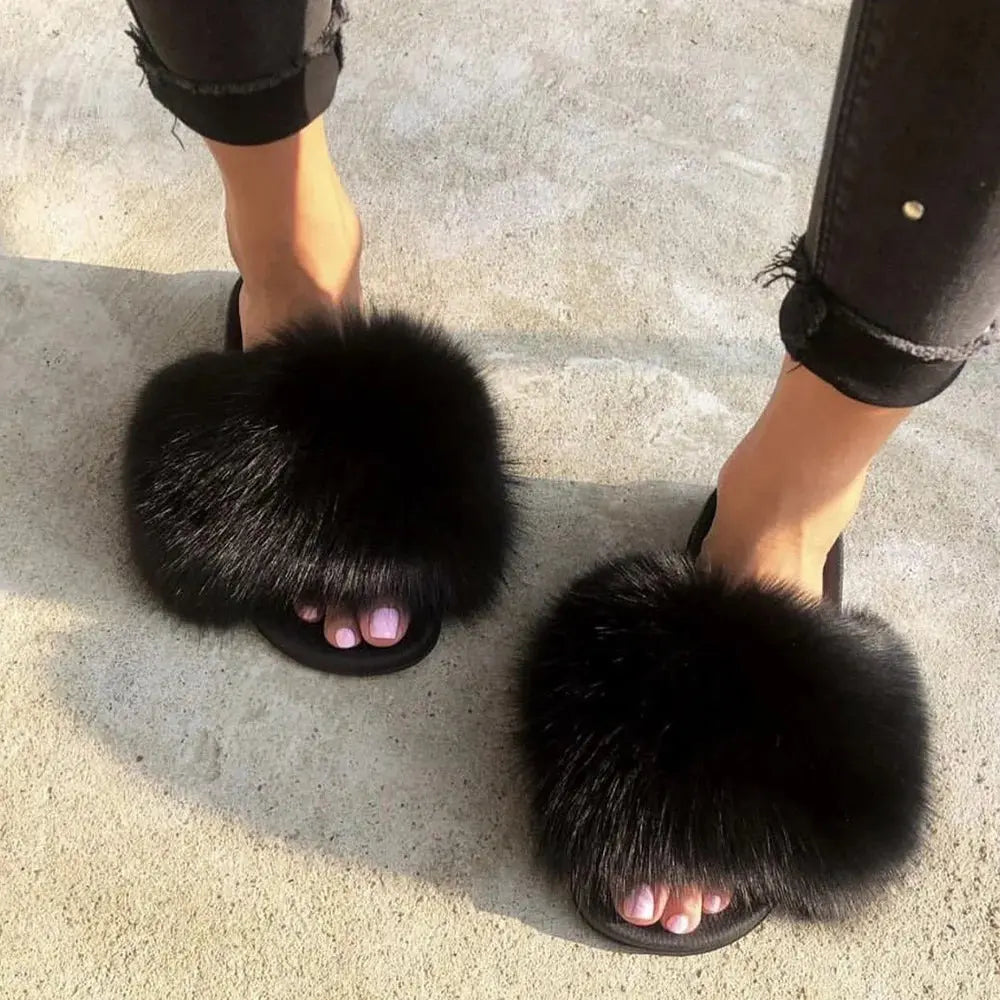 MPPM Real Fox Fur Slides for Women Luxury Designer Sandals On Summer Furry Slippers Flip Flops Shoes Plus Size Shoes