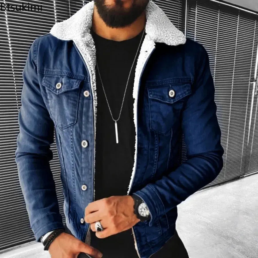 Autumn Winter Men's Imitation Lamb Fleece Thickened Warm Denim Coats Plush Lapel Button Long Sleeve Denim Jackets for Men Markonline