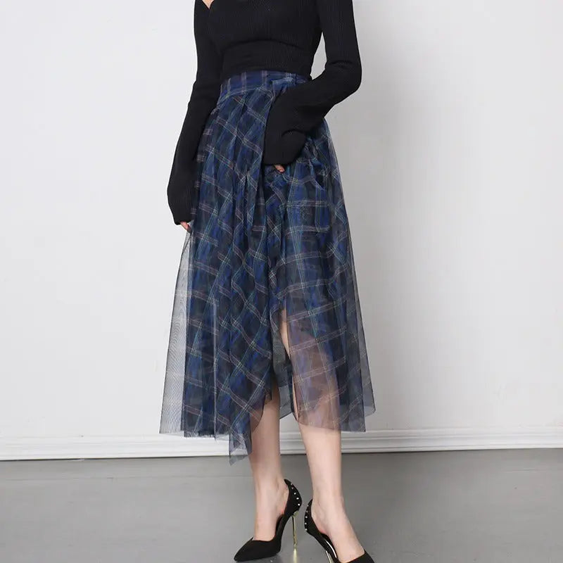 Blue plaid mesh skirt, multi-layer versatile A-line skirt for women Markonline