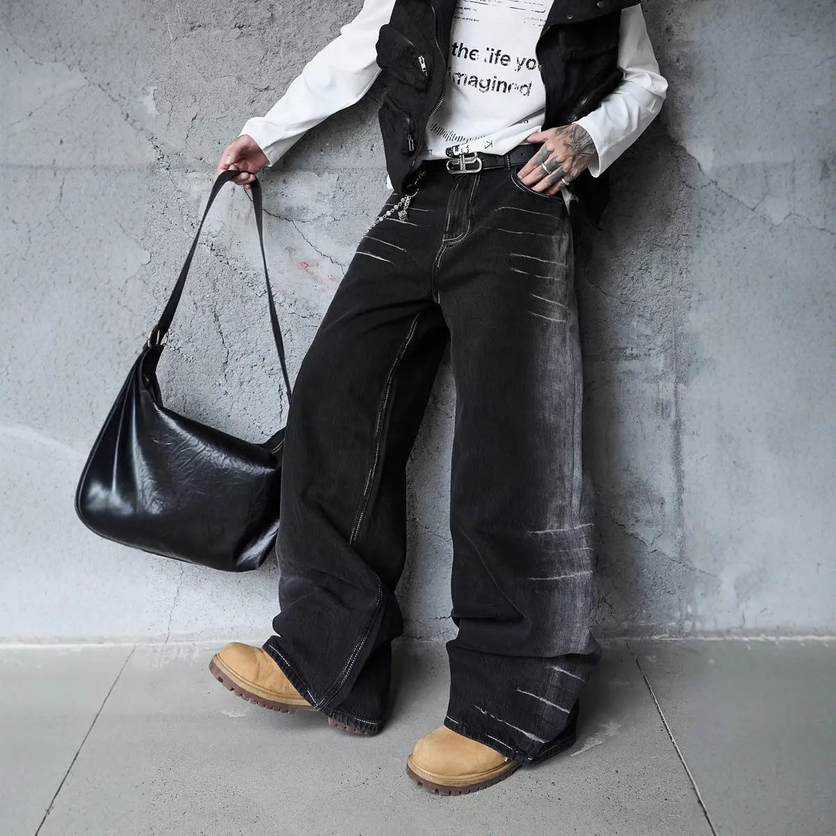 Vintage Washed Lightning Pattern Straight Leg Jeans Men High Quality Gradient Trendy Brand Wide Leg Pants Markonline