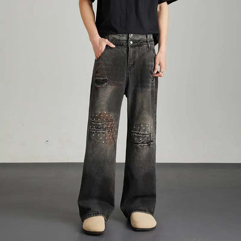 Vintage niche ripped straight leg washed denim jeans for men and women Markonline