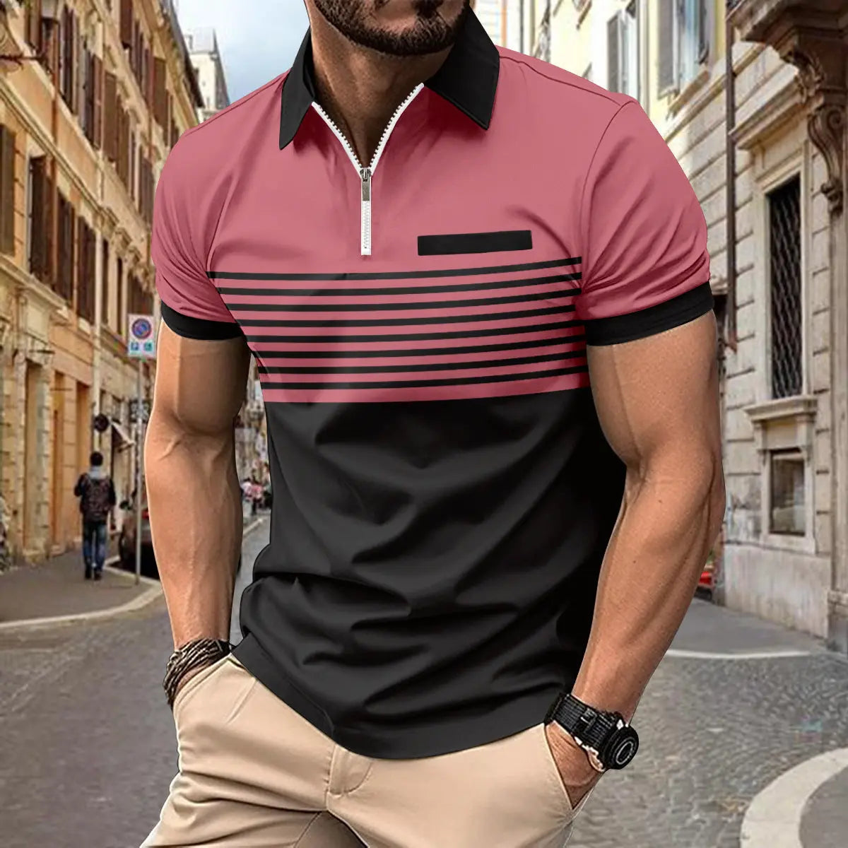 Polo Zipper Men's Printed Striped Polo Shirt Markonline