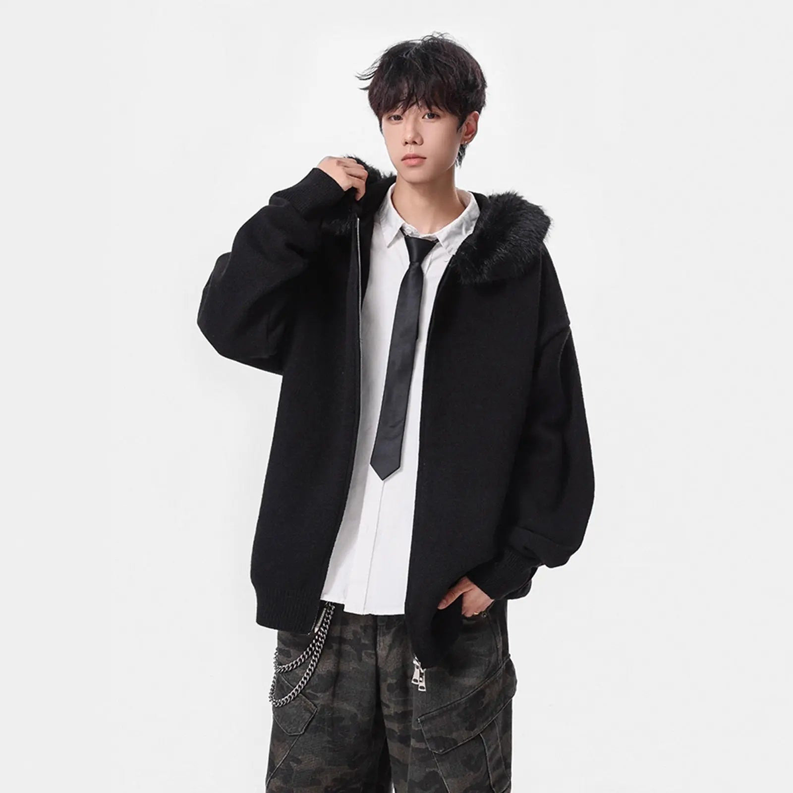 Fashionable Detachable Fur Collar Knit Sweater for Men Winter  Double Zipper Open Front Sweater High Street Versatile Couple Jacket Markonline