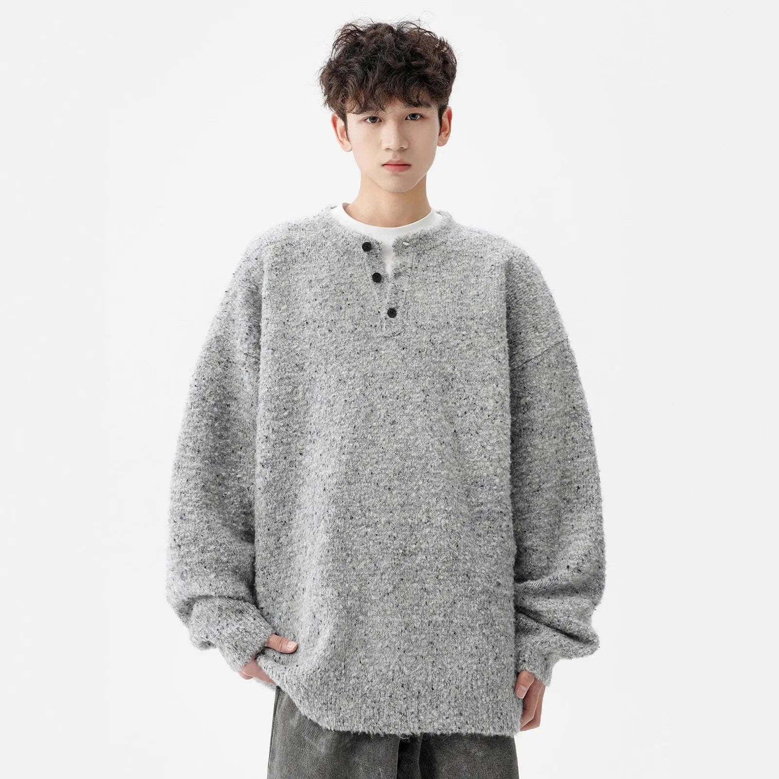 Heavyweight Henley Neck Sweater for Men, Autumn Winter New Thick Wool Knitwear, Loose Warm Pullover Knit Sweater Markonline