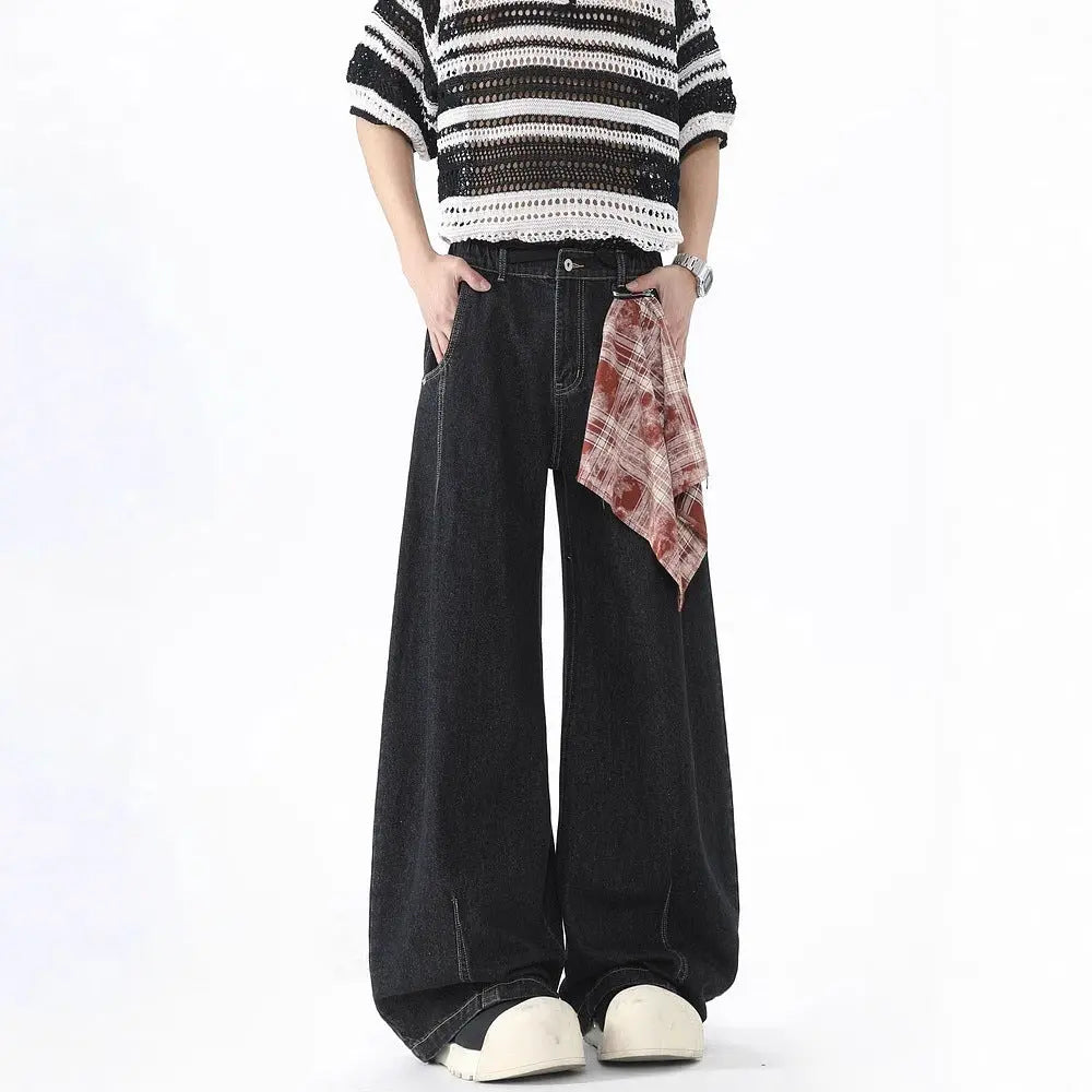 Retro Plaid Bandana Knife-Edge Denim Pants for Men Clean Fit Loose Wide Leg Straight Cut Pants Markonline