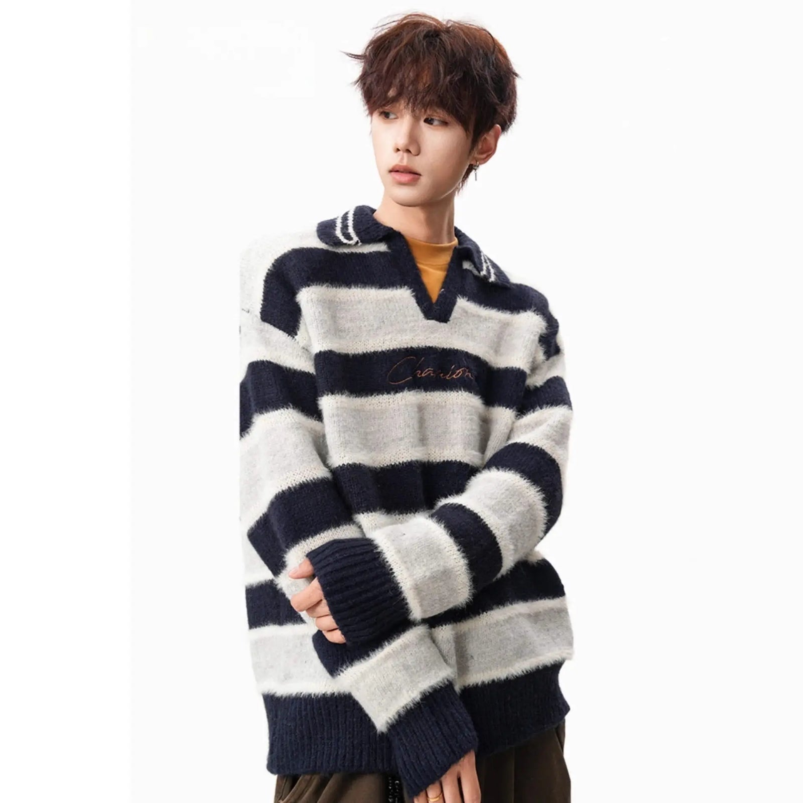 Black and White Stripe V-Neck Sweater for Men and Women Winter Lazy Style Crewneck Knitwear Vintage Trendy Brand Drop Shoulder Knit Sweater
