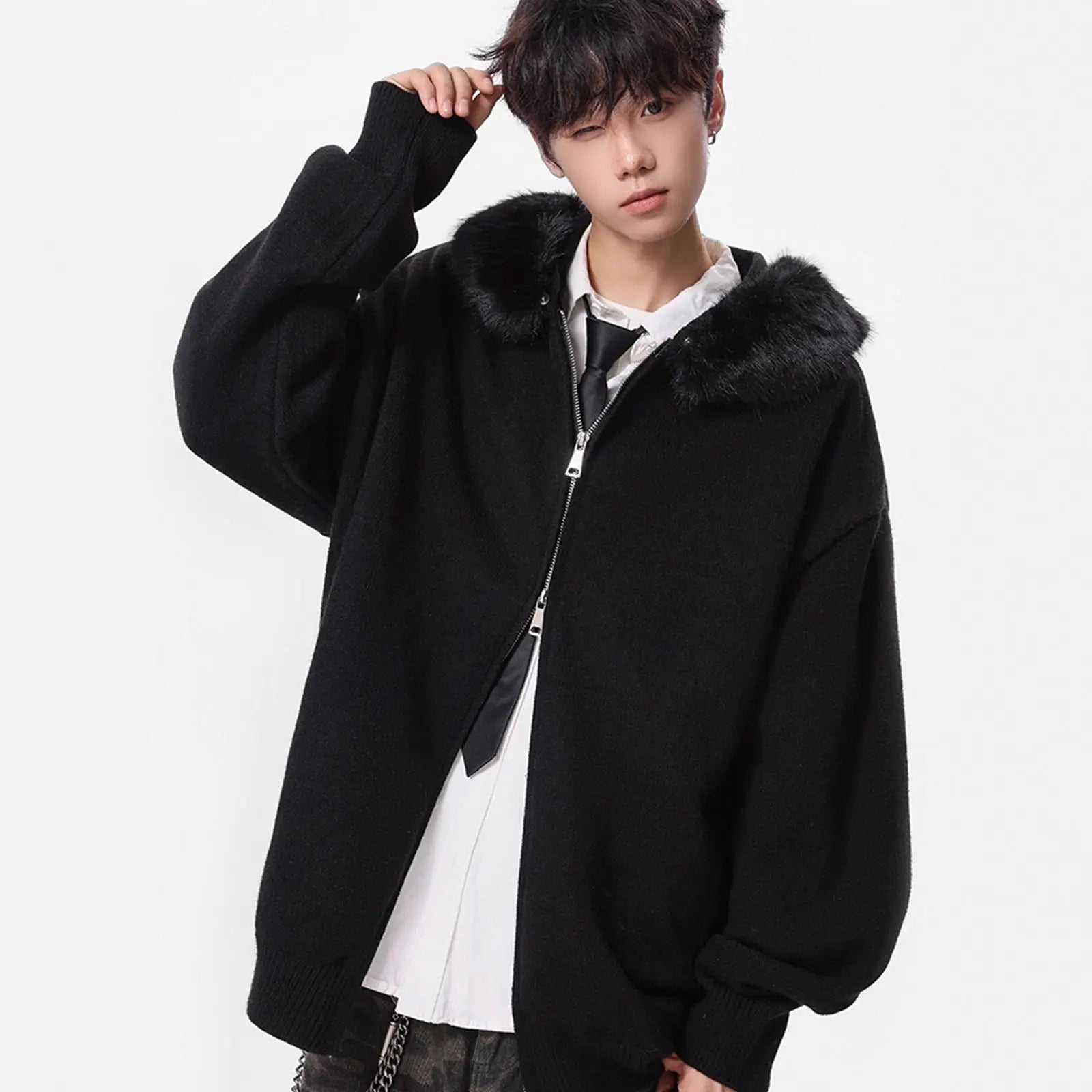 Fashionable Detachable Fur Collar Knit Sweater for Men Winter  Double Zipper Open Front Sweater High Street Versatile Couple Jacket Markonline