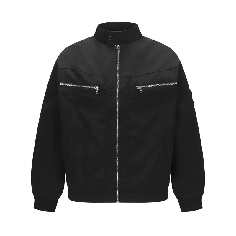 Street Vintage Multi-Pocket Zip-Up Stand Collar Jacket for Men Casual Loose  Biker Style Coat